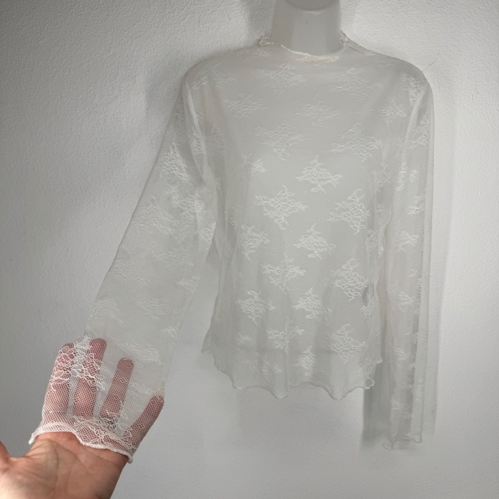 Womens White Floral Lace Sheer Mesh Mock Neck Long Sleeve Top Large Victorian